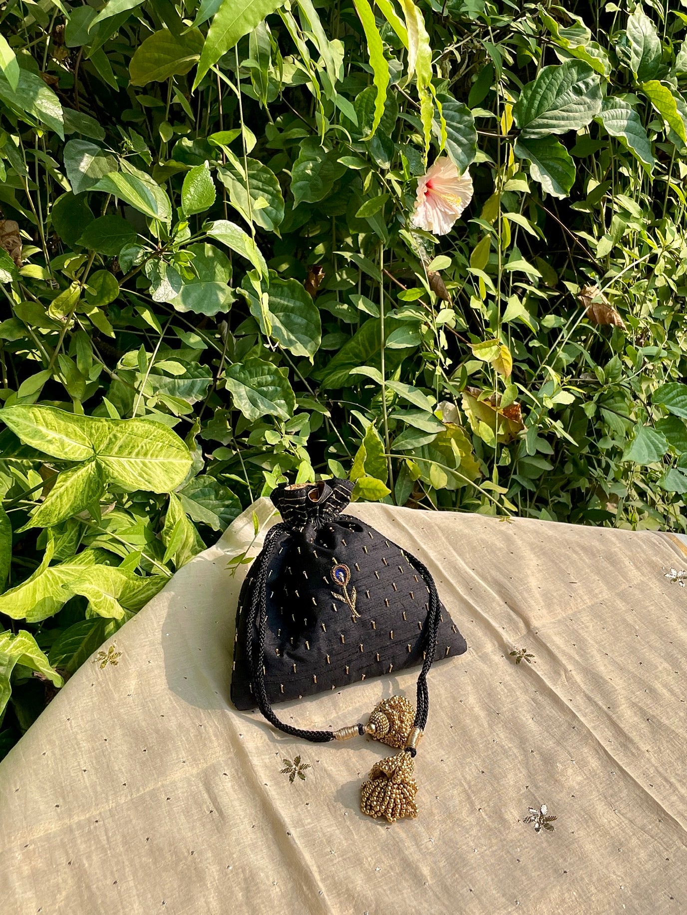 Black & Blue Peacock Motifs Raw Silk Zardosi Polti Bags