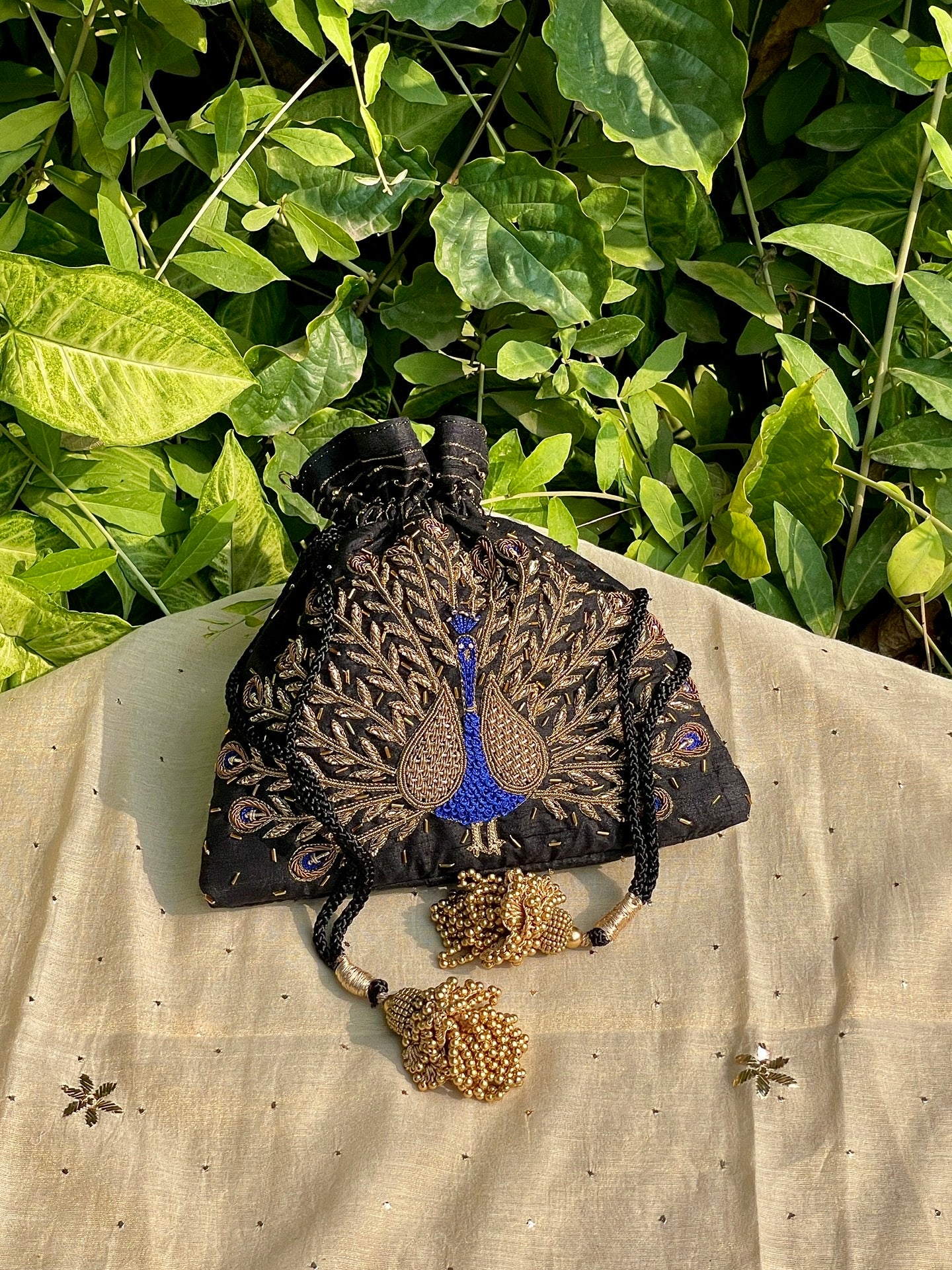Black & Blue Peacock Motifs Raw Silk Zardosi Polti Bags