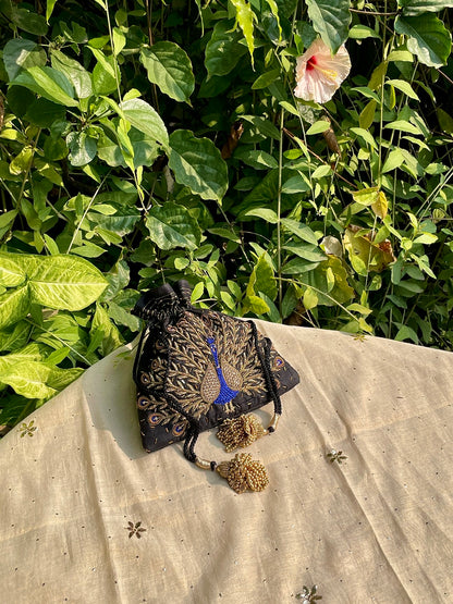 Black & Blue Peacock Motifs Raw Silk Zardosi Polti Bags