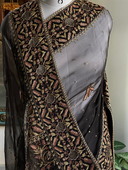 Black & Copper Organza Saree with Intricate Chikankari and Ari Work