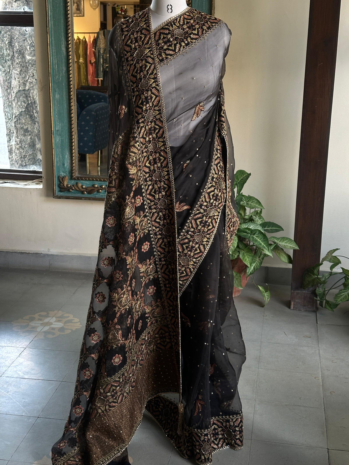 Black & Copper Organza Saree with Intricate Chikankari and Ari Work