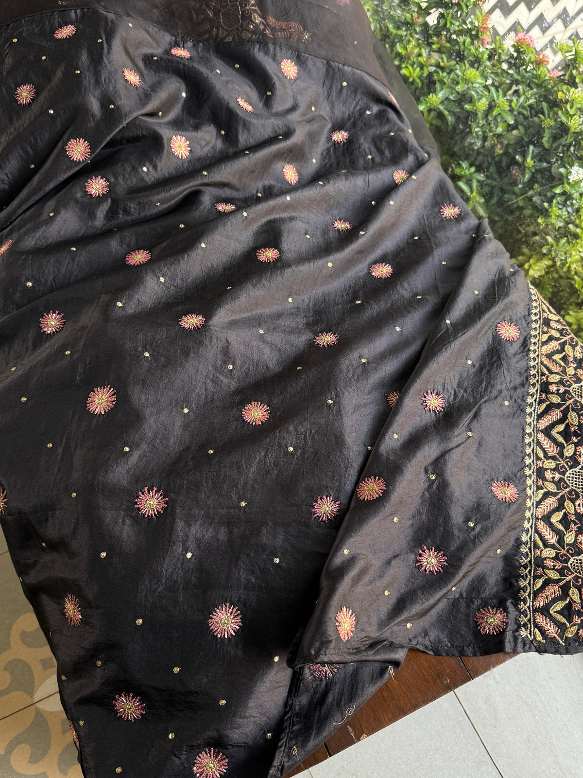 Black & Copper Organza Saree with Intricate Chikankari and Ari Work