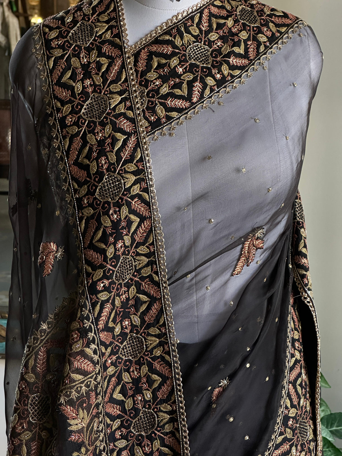 Black & Copper Organza Saree with Intricate Chikankari and Ari Work