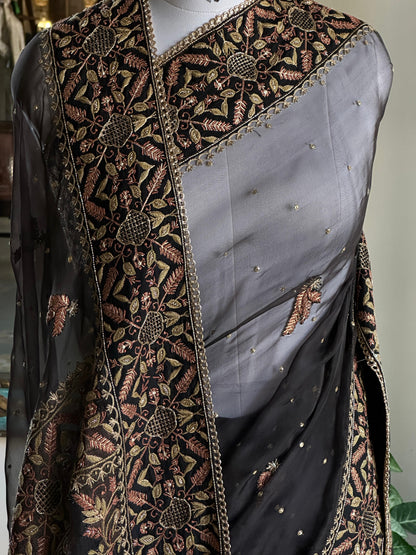 Black & Copper Organza Saree with Intricate Chikankari and Ari Work