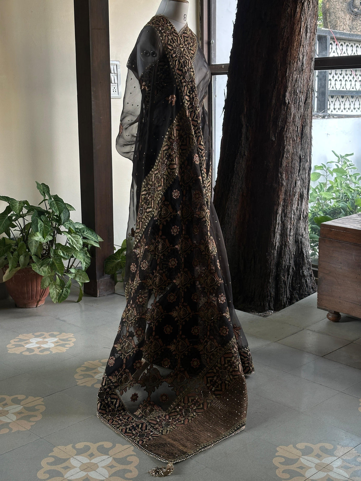 Black & Copper Organza Saree with Intricate Chikankari and Ari Work
