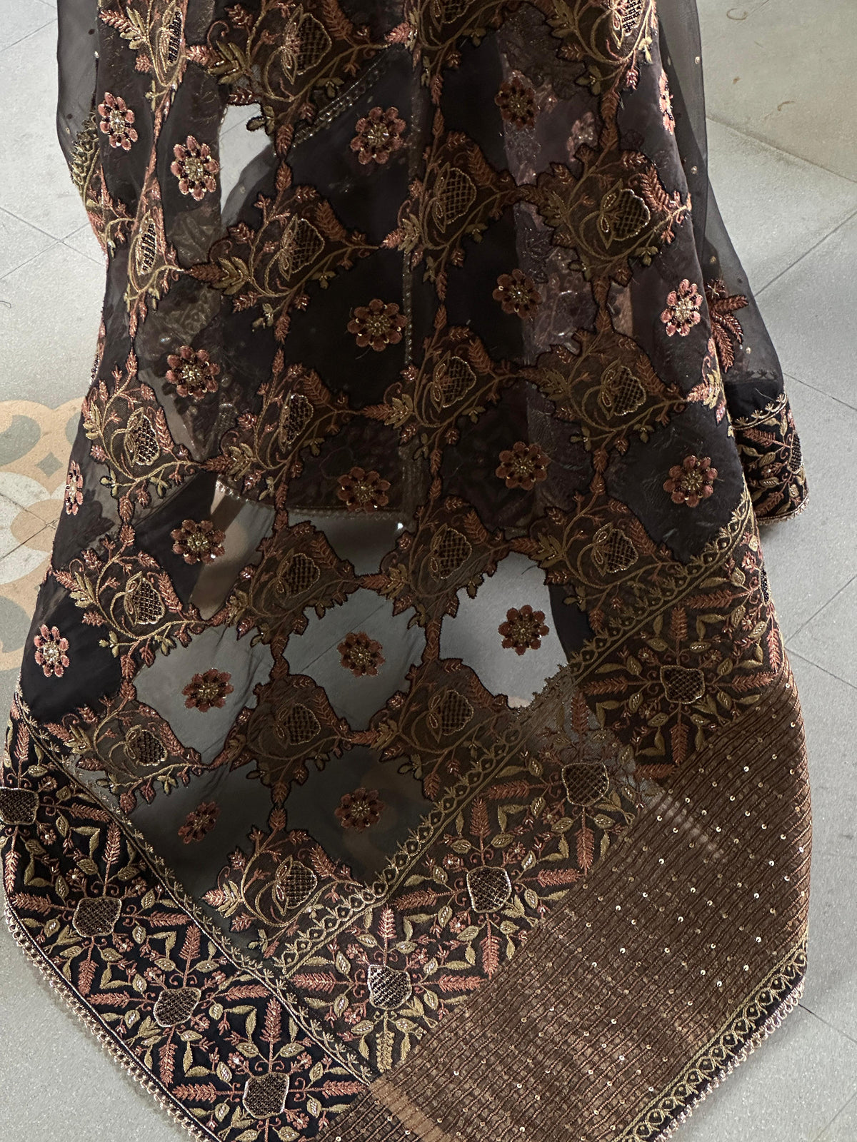 Black & Copper Organza Saree with Intricate Chikankari and Ari Work