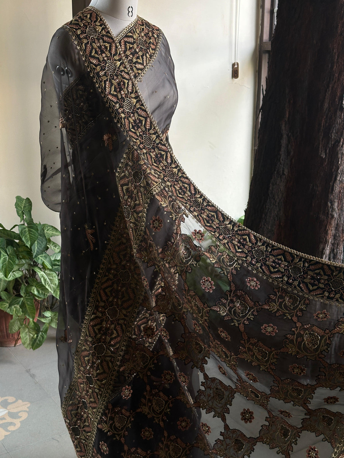 Black & Copper Organza Saree with Intricate Chikankari and Ari Work