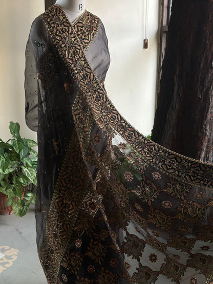 Black & Copper Organza Saree with Intricate Chikankari and Ari Work