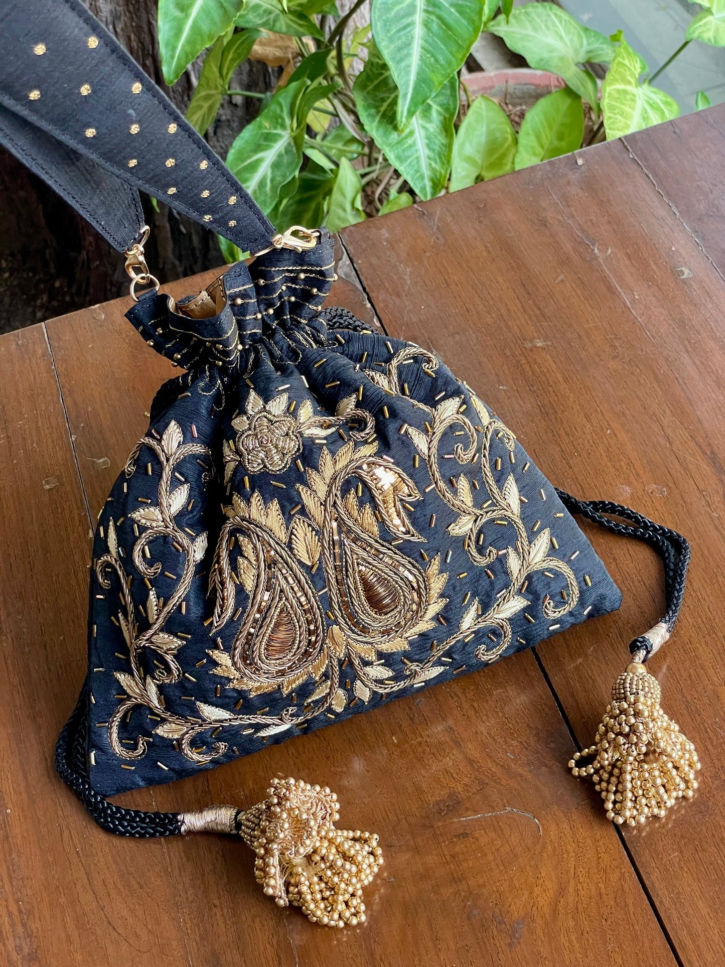 Black & Gold Raw Silk Zardosi Polti Bags