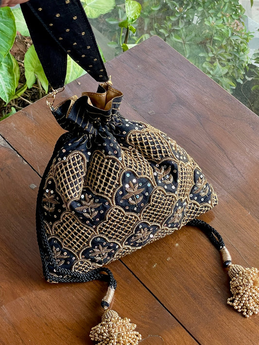 Black & Gold Raw Silk Zardosi Polti Bags