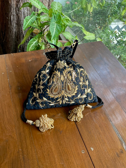 Black & Gold Raw Silk Zardosi Polti Bags