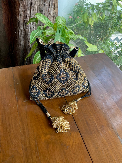 Black & Gold Raw Silk Zardosi Polti Bags