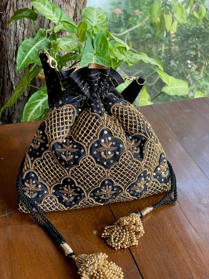 Black & Gold Raw Silk Zardosi Polti Bags