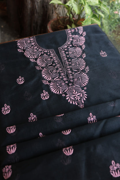 Black & Pink Kota Chikankari Unstitched Fabrics