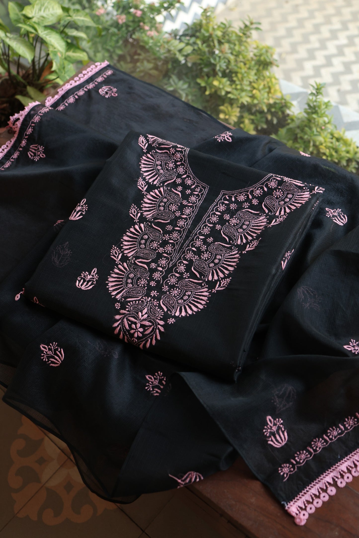 Black & Pink Kota Chikankari Unstitched Fabrics