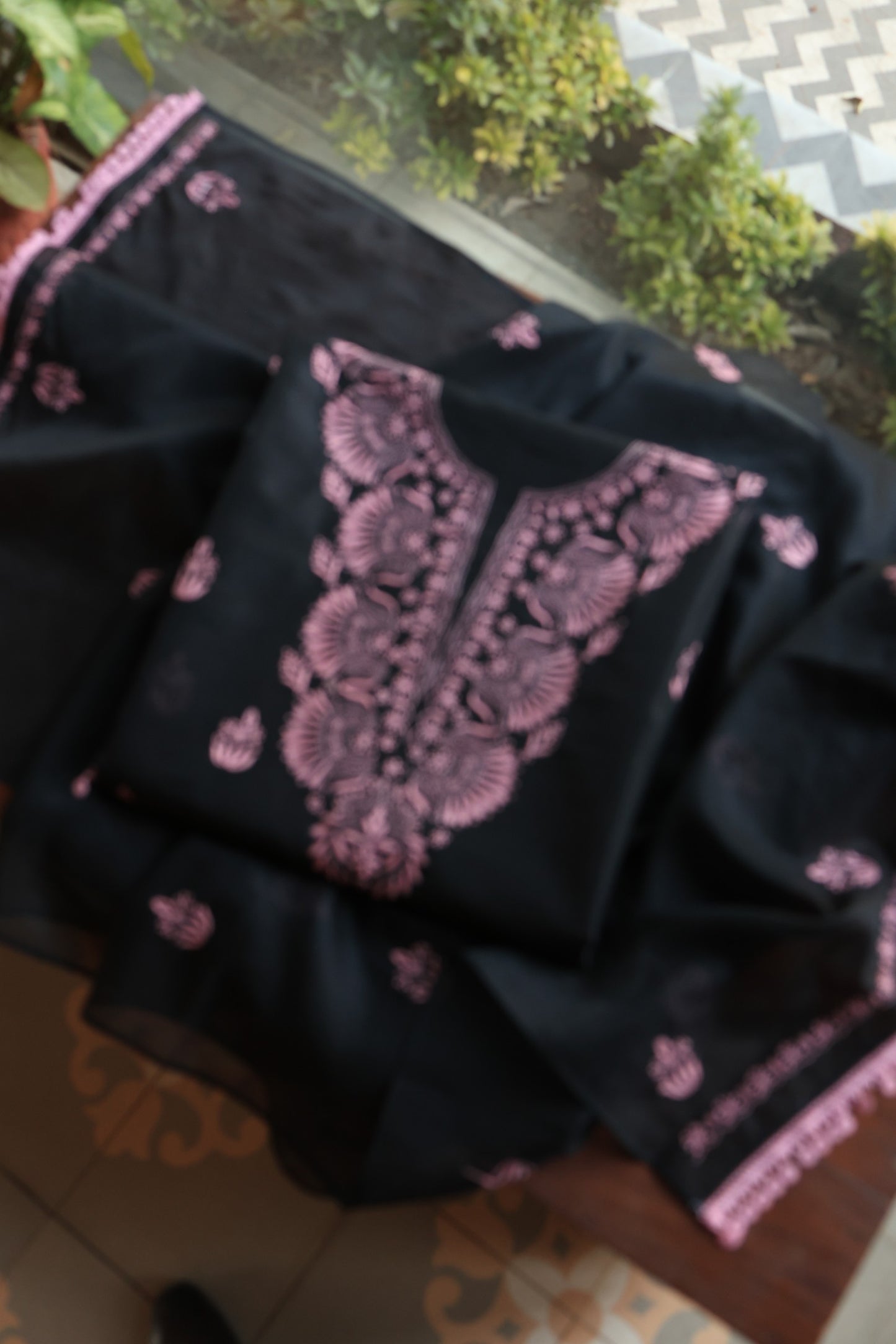 Black & Pink Kota Chikankari Unstitched Fabrics