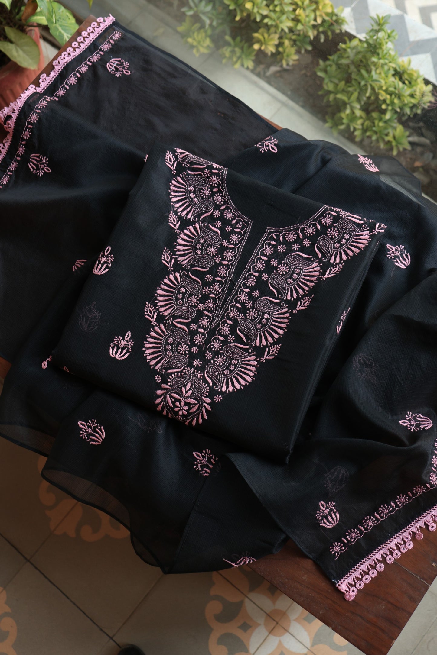 Black & Pink Kota Chikankari Unstitched Fabrics