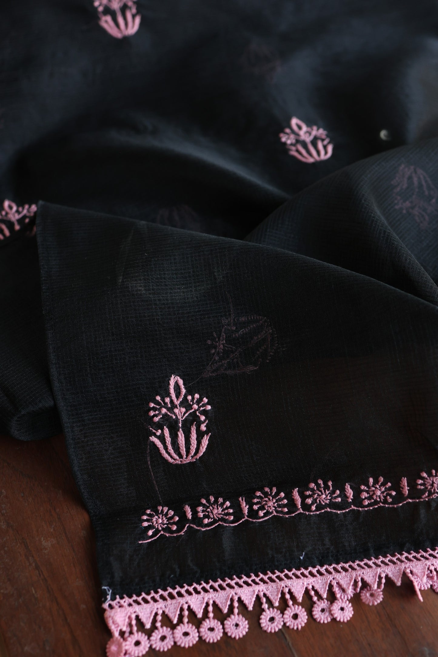 Black & Pink Kota Chikankari Unstitched Fabrics