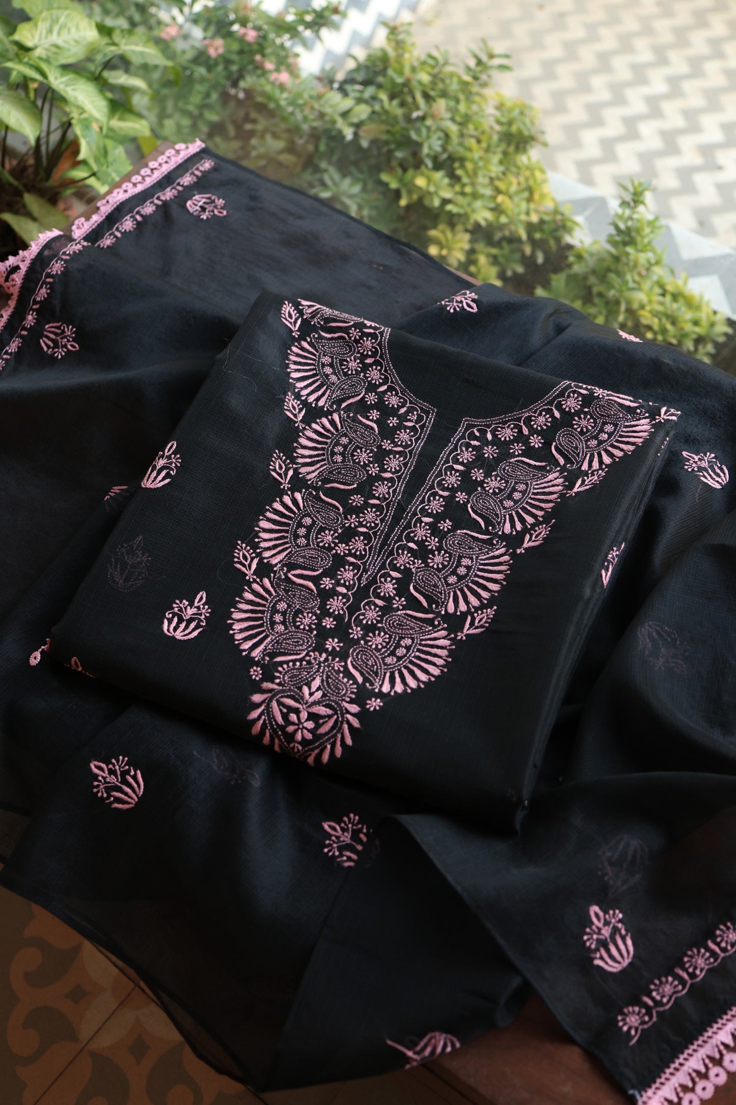 Black & Pink Kota Chikankari Unstitched Fabrics
