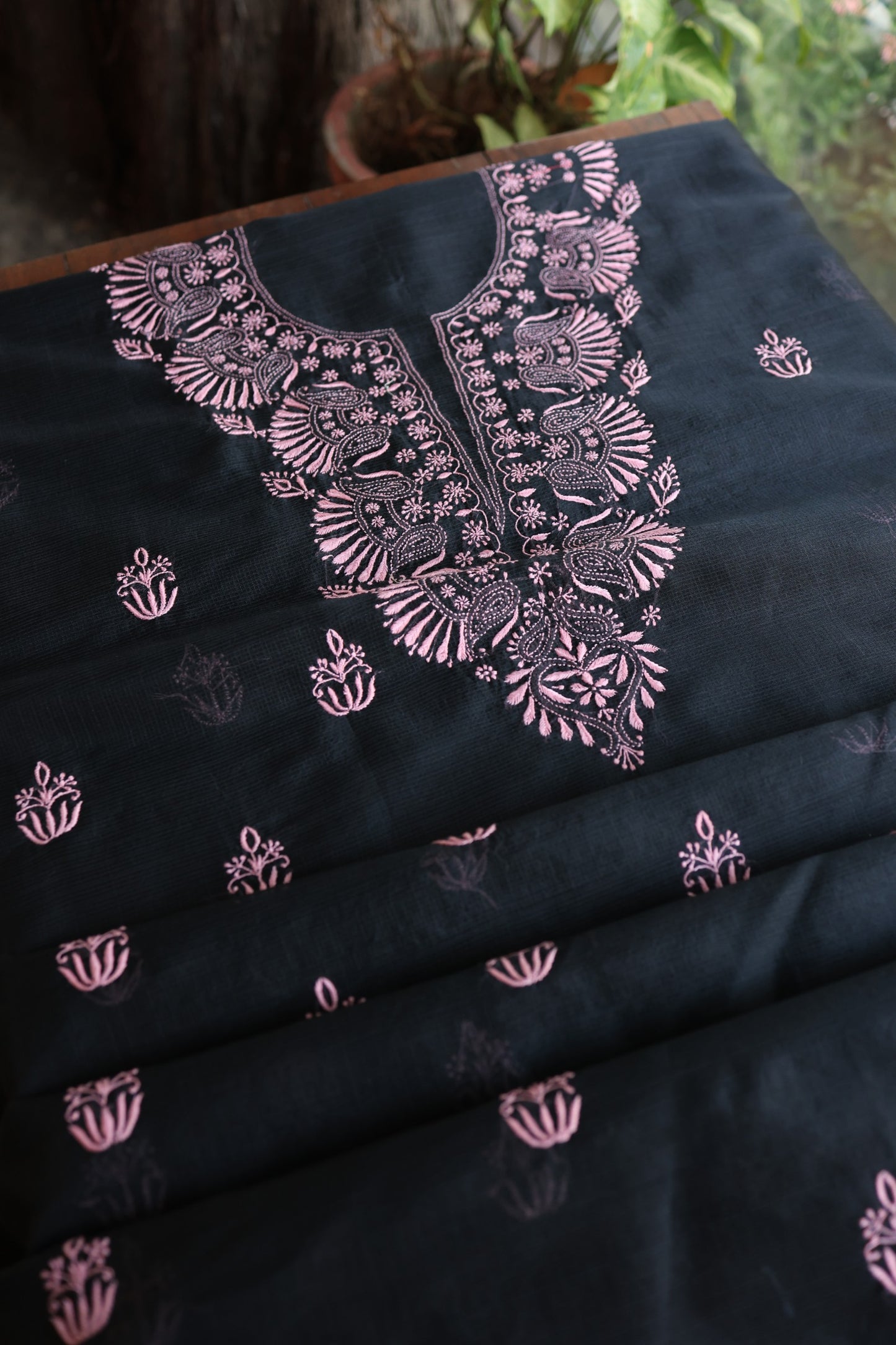 Black & Pink Kota Chikankari Unstitched Fabrics