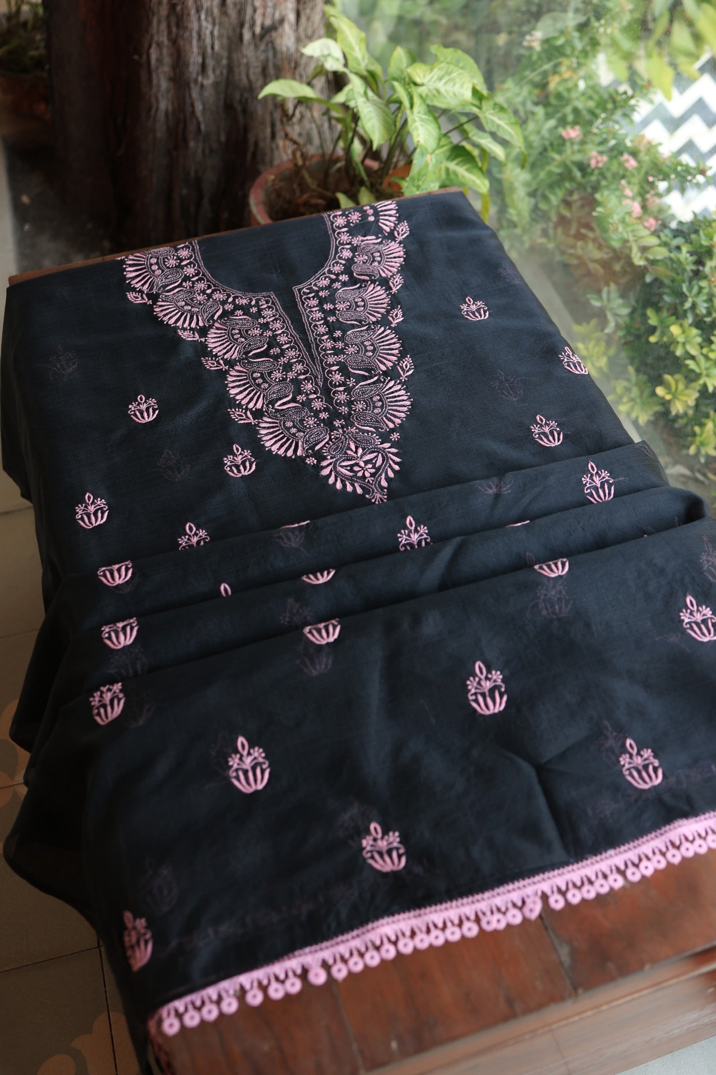 Black & Pink Kota Chikankari Unstitched Fabrics