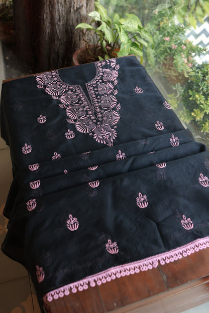 Black & Pink Kota Chikankari Unstitched Fabrics