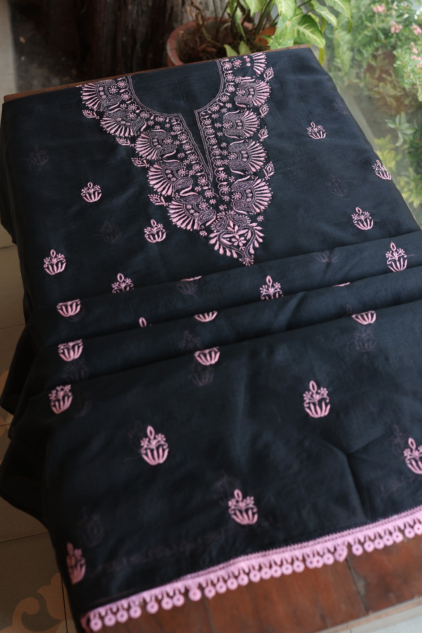 Black & Pink Kota Chikankari Unstitched Fabrics