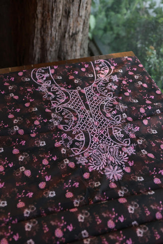 Black & Pink Multi Kurta Fabric with Chikankari Embroidered Neckline
