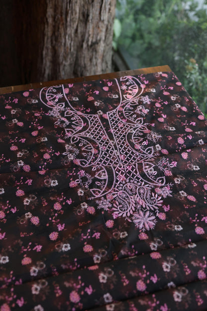 Black & Pink Multi Kurta Fabric with Chikankari Embroidered Neckline