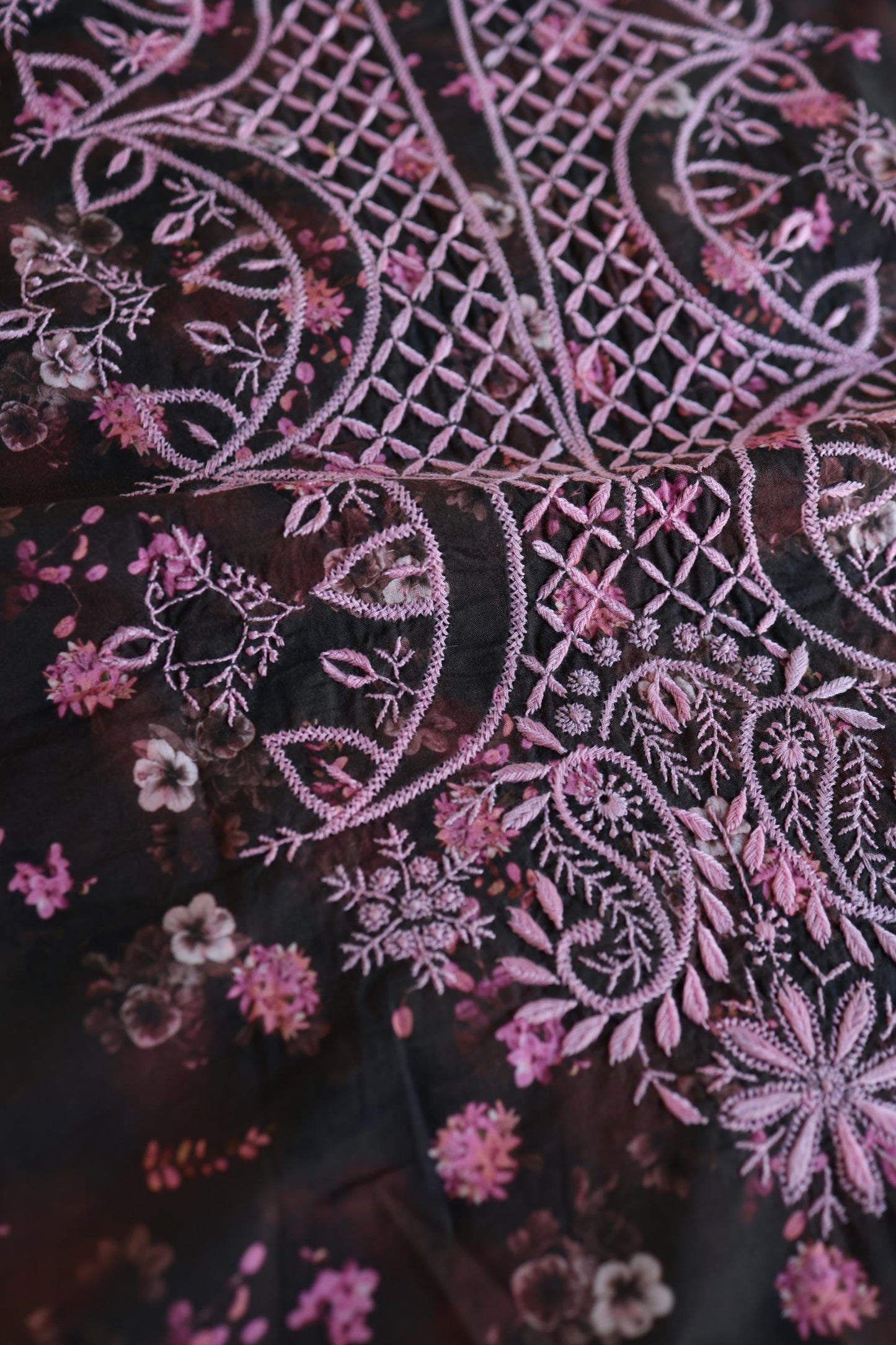 Black & Pink Multi Kurta Fabric with Chikankari Embroidered Neckline