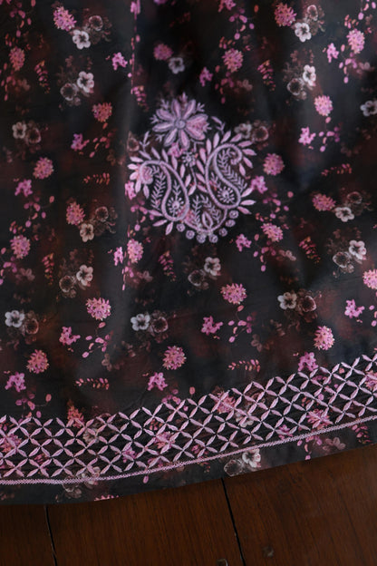 Black & Pink Multi Kurta Fabric with Chikankari Embroidered Neckline