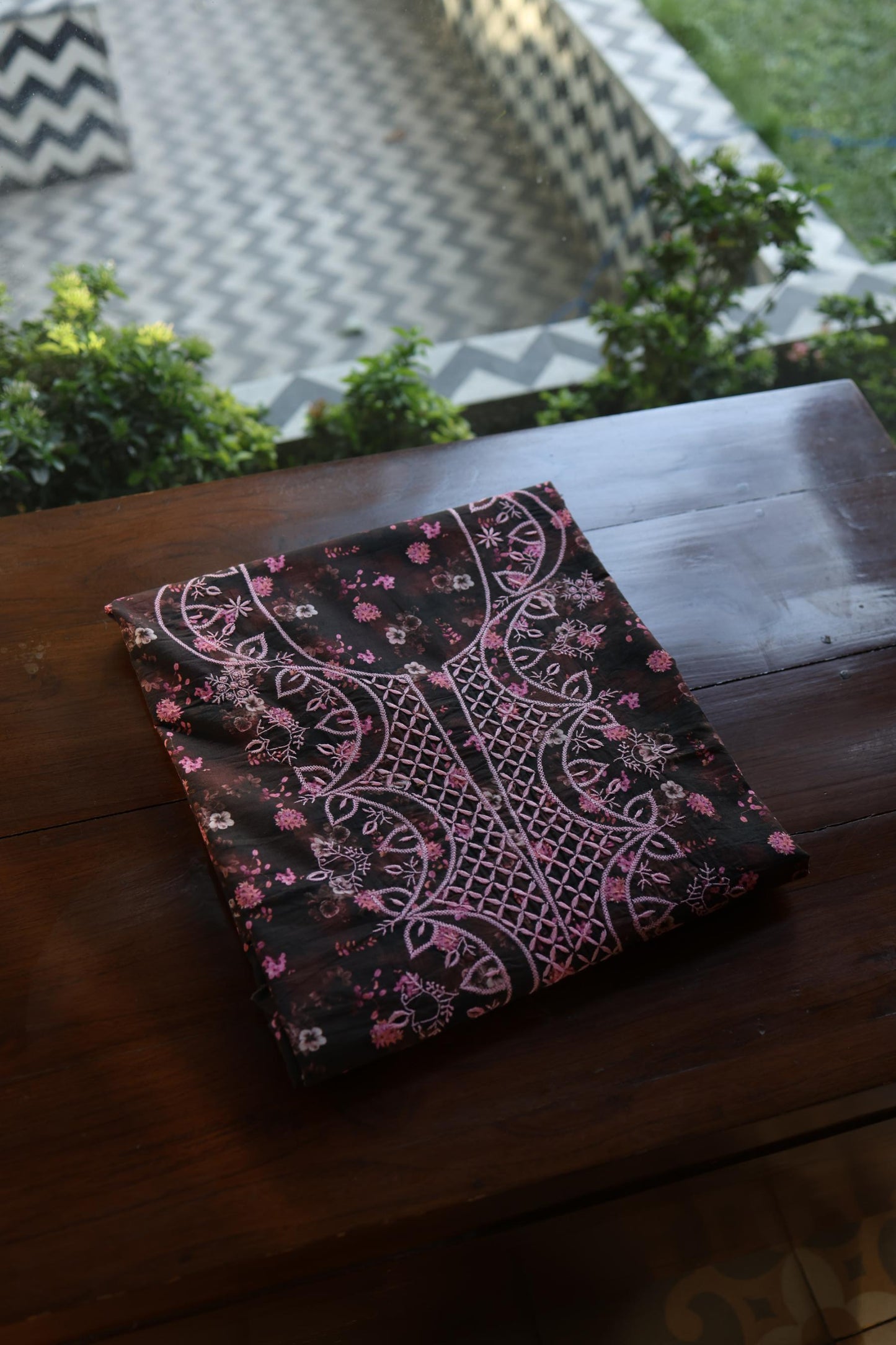 Black & Pink Multi Kurta Fabric with Chikankari Embroidered Neckline