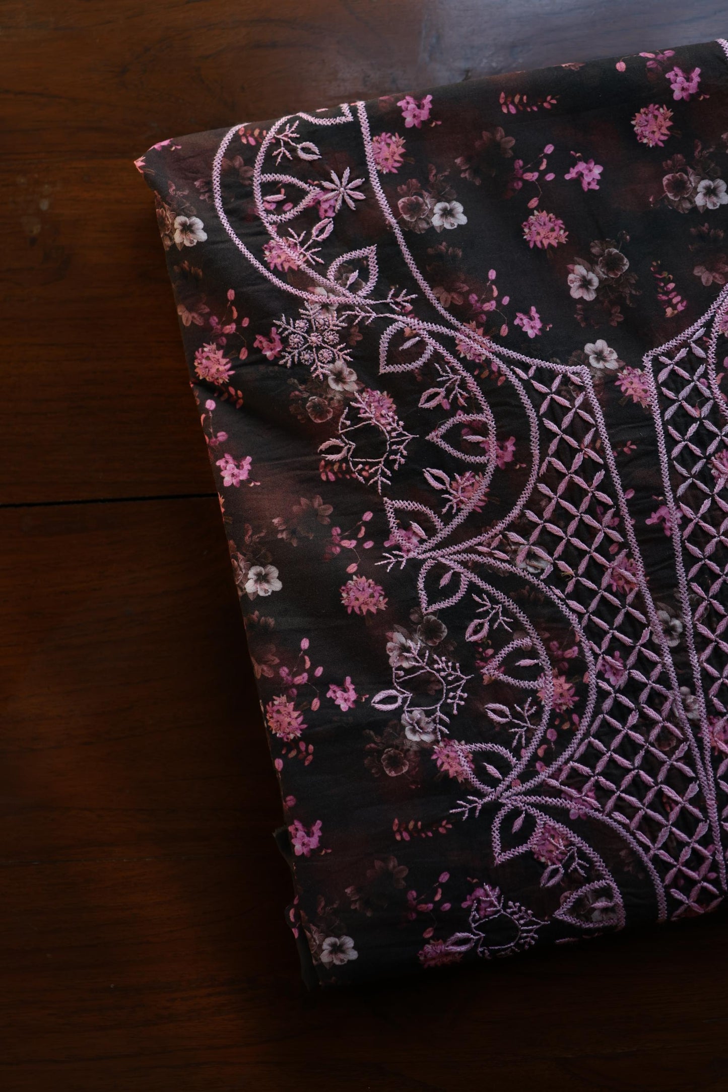 Black & Pink Multi Kurta Fabric with Chikankari Embroidered Neckline