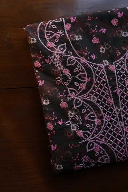 Black & Pink Multi Kurta Fabric with Chikankari Embroidered Neckline