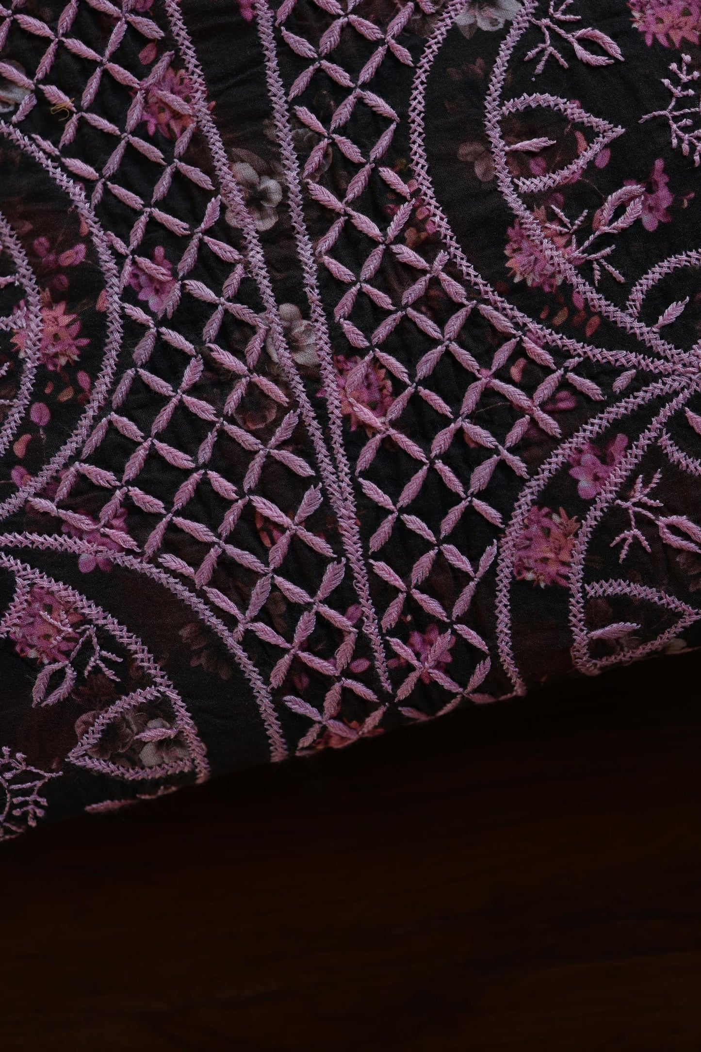 Black & Pink Multi Kurta Fabric with Chikankari Embroidered Neckline