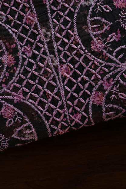 Black & Pink Multi Kurta Fabric with Chikankari Embroidered Neckline