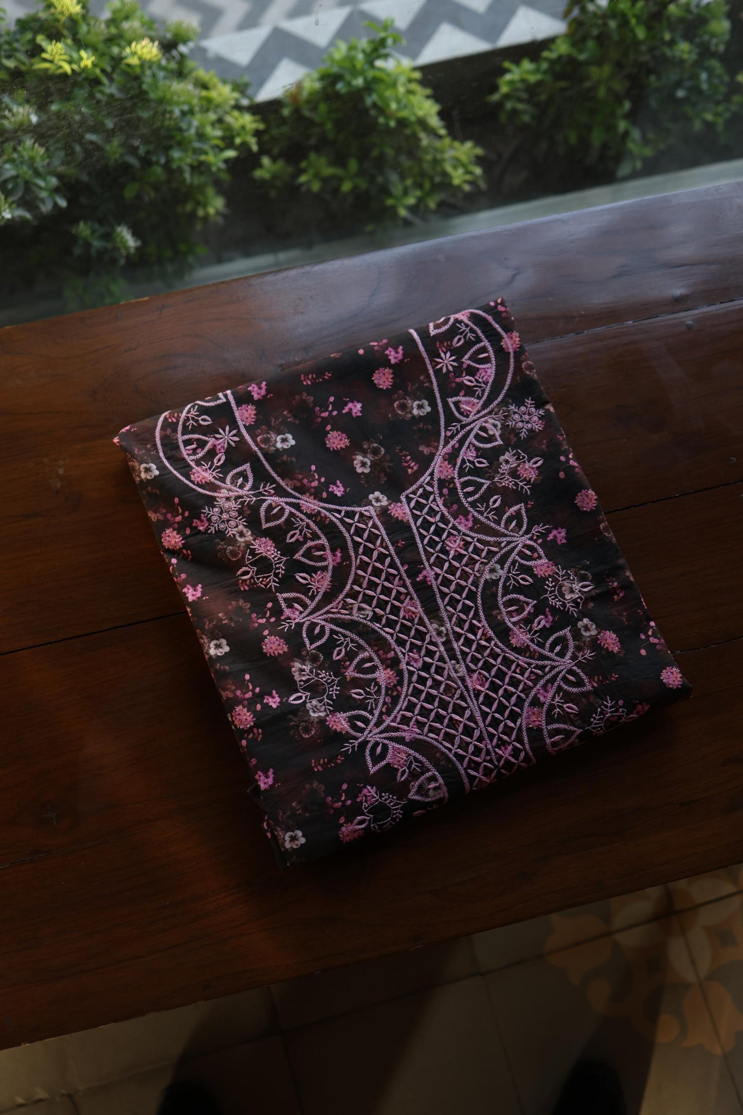 Black & Pink Multi Kurta Fabric with Chikankari Embroidered Neckline