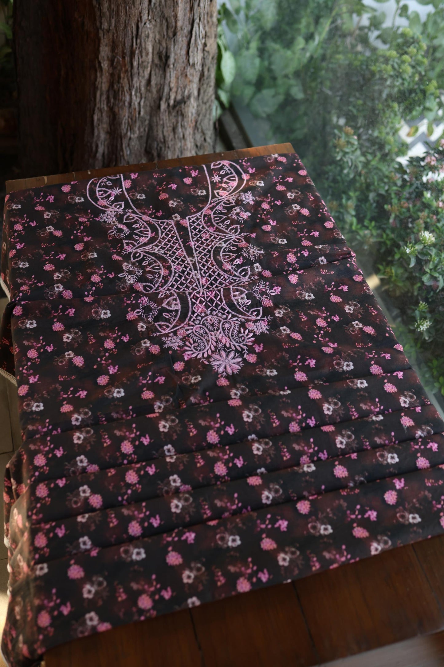 Black & Pink Multi Kurta Fabric with Chikankari Embroidered Neckline