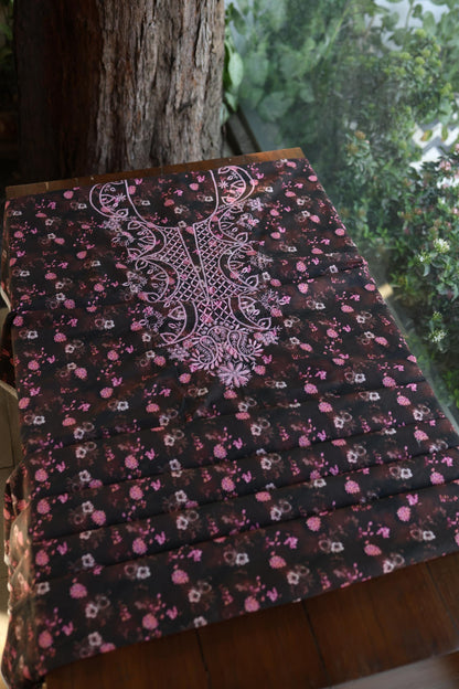 Black & Pink Multi Kurta Fabric with Chikankari Embroidered Neckline