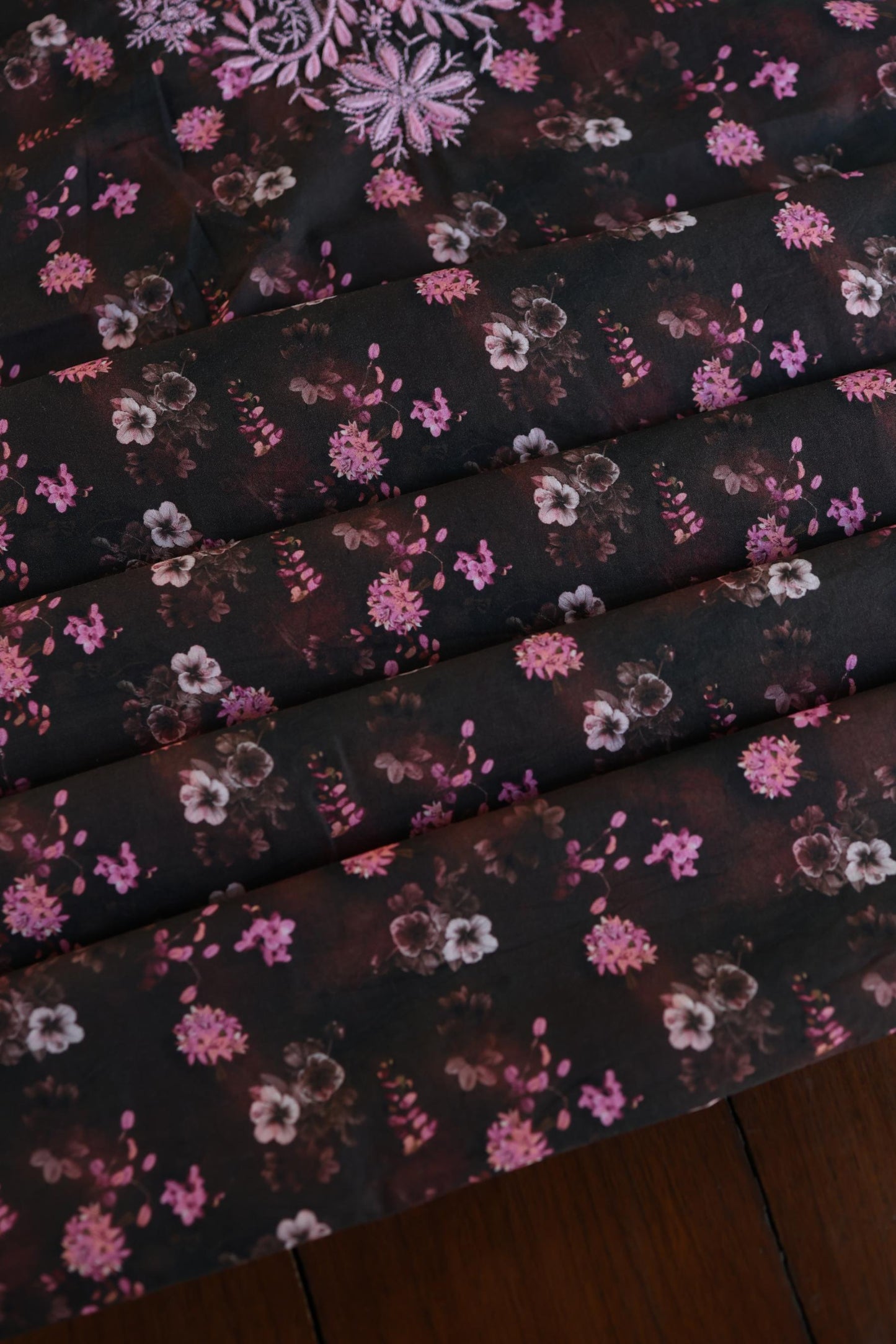 Black & Pink Multi Kurta Fabric with Chikankari Embroidered Neckline