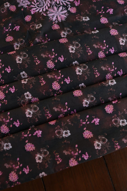 Black & Pink Multi Kurta Fabric with Chikankari Embroidered Neckline
