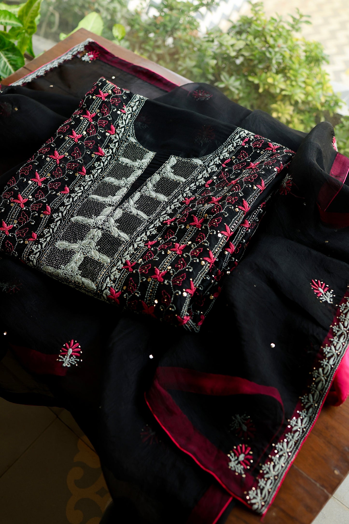 Black & Pink Noor Organza Silk Chikankari With Kamdani Fabric