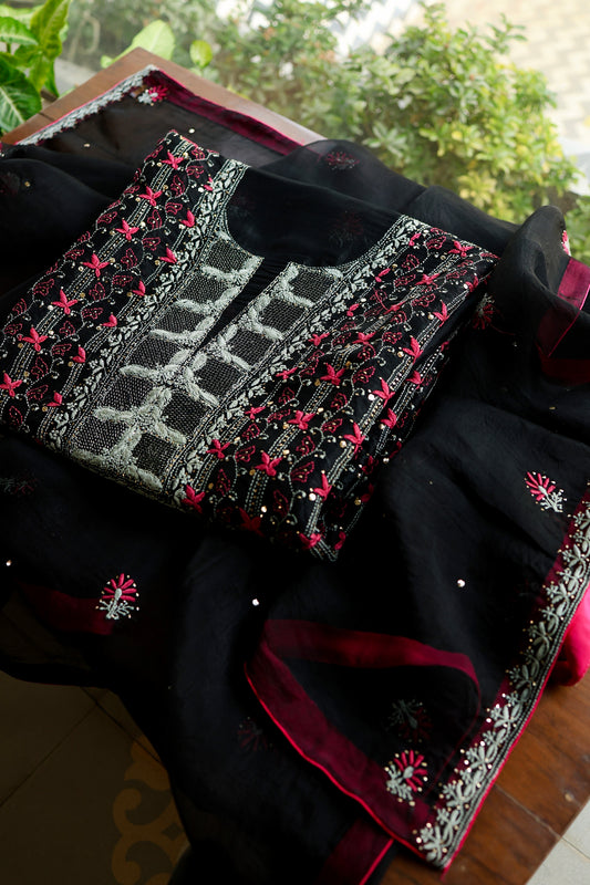 Black & Pink Noor Organza Silk Chikankari With Kamdani Fabric