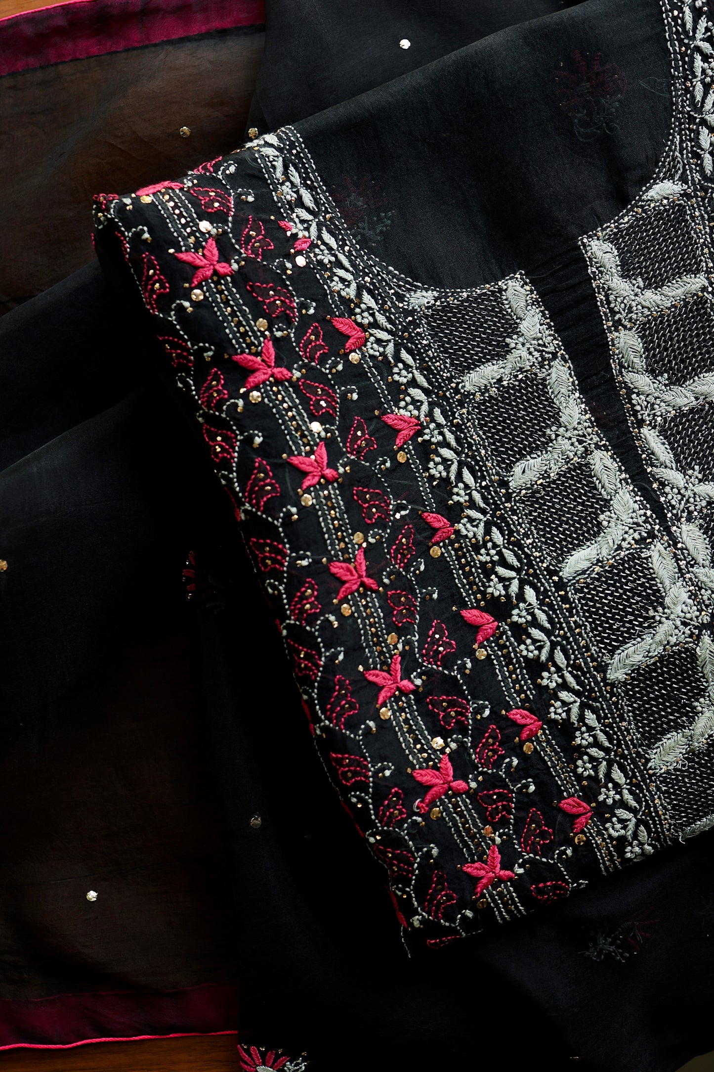 Black & Pink Noor Organza Silk Chikankari With Kamdani Fabric
