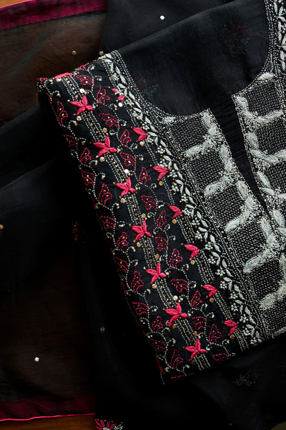 Black & Pink Noor Organza Silk Chikankari With Kamdani Fabric