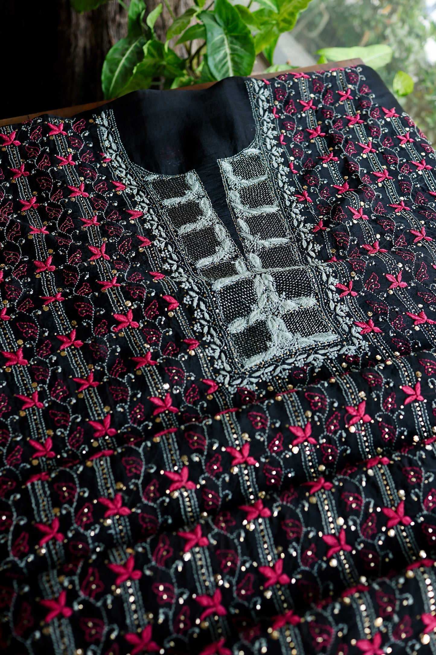 Black & Pink Noor Organza Silk Chikankari With Kamdani Fabric