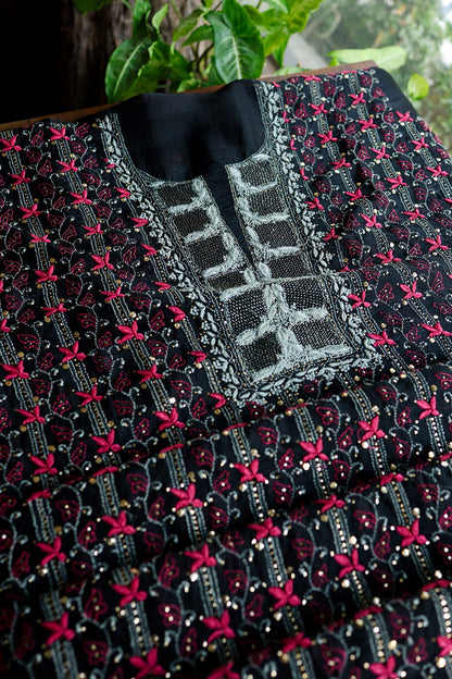 Black & Pink Noor Organza Silk Chikankari With Kamdani Fabric