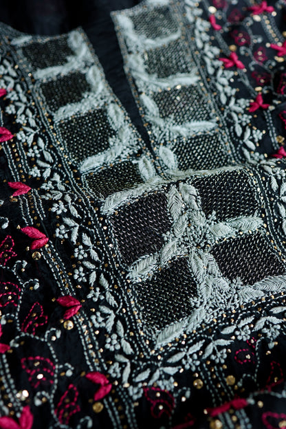 Black & Pink Noor Organza Silk Chikankari With Kamdani Fabric