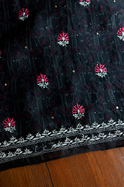 Black & Pink Noor Organza Silk Chikankari With Kamdani Fabric