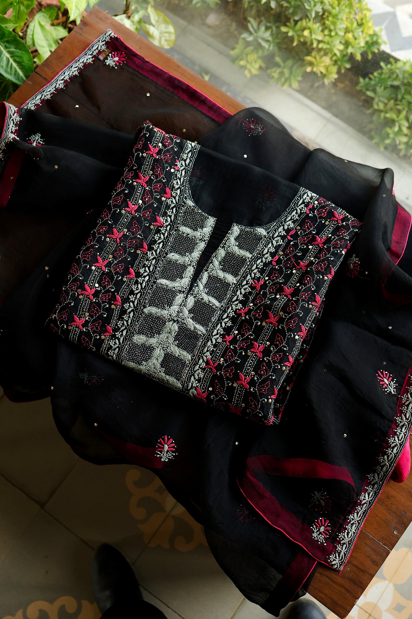 Black & Pink Noor Organza Silk Chikankari With Kamdani Fabric